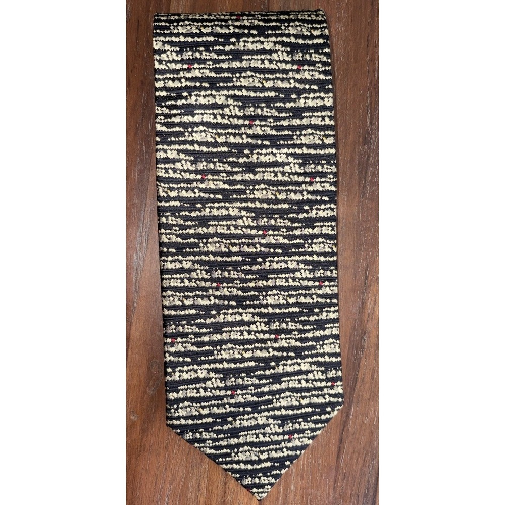 Polo Ralph Lauren Mens 100% Silk Tie Wide Black Textured Gold Geometric Vintage